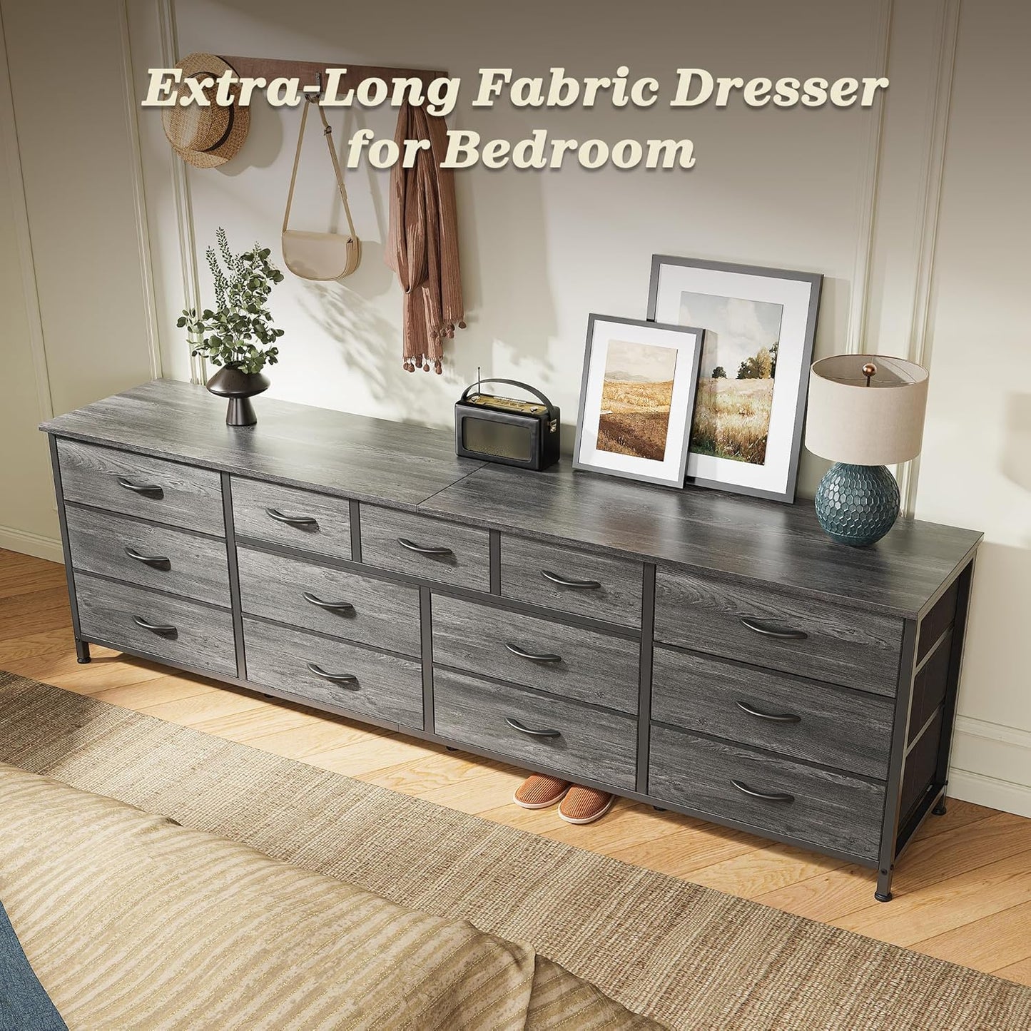 Huuger 70 Inch Dresser for Bedroom, TV Stand for 65, 75, 80 Inch TV, 13 Fabric Drawer Long Dresser, Large Entertainment Center for Bedroom, Wide Chest of Drawer with Storage, Grey