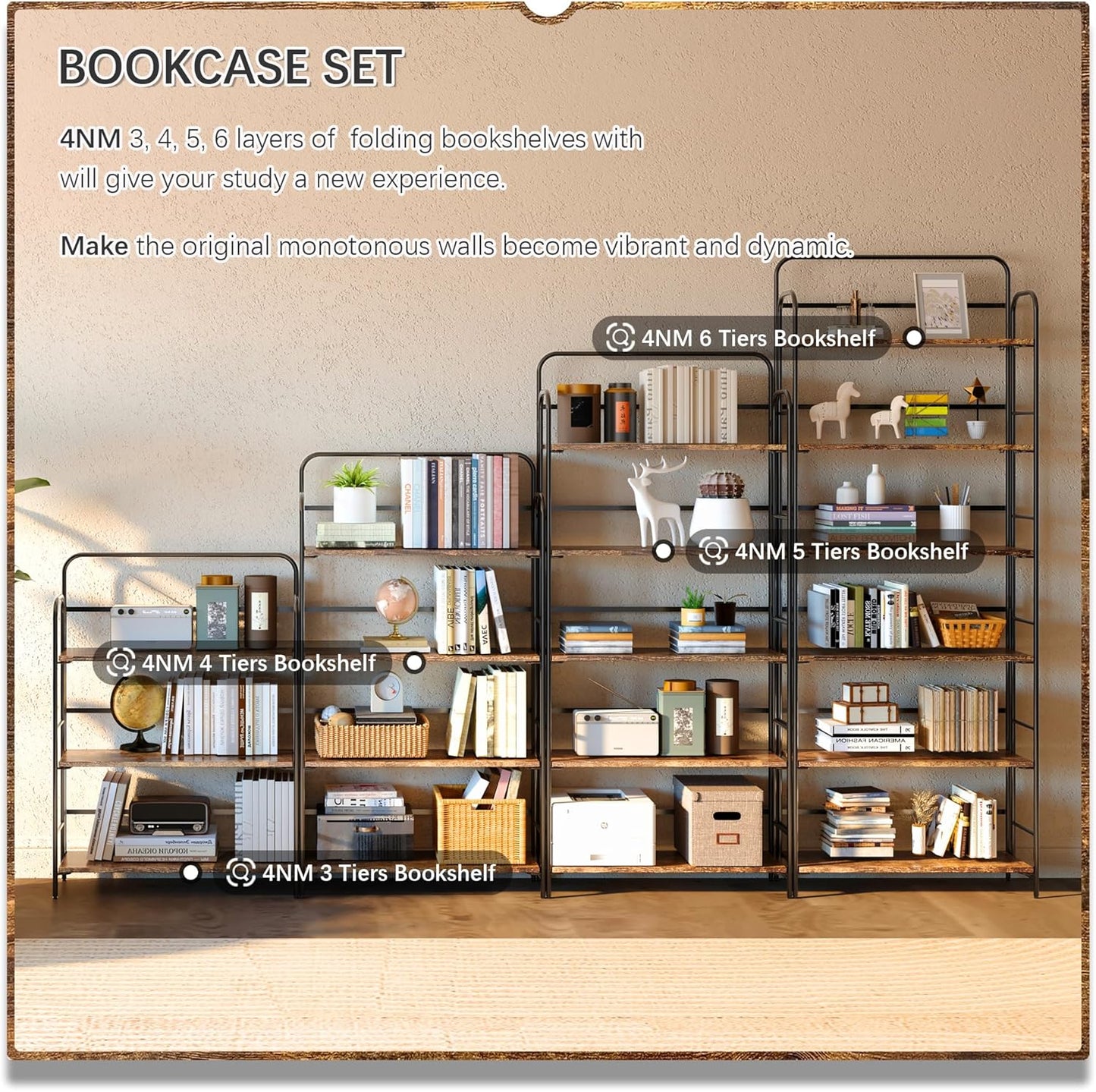 4NM No Assembly Folding Bookshelf 6 Tiers Vintage Industrial Black Book Shelf Metal Foldable Storage Bookcase and Bookshelves for Living Room,Bedroom and Kitchen - Rustic Brown