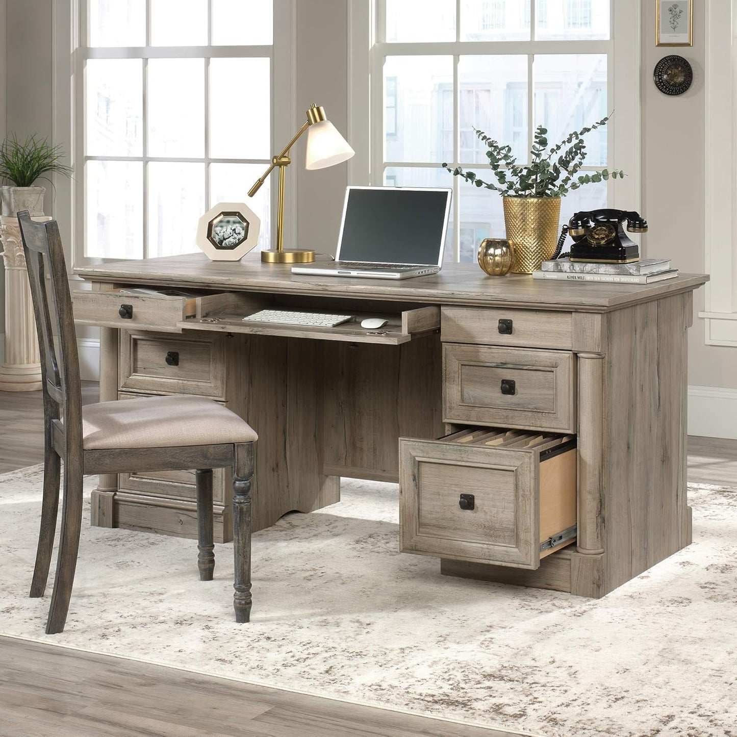 Sauder Palladia Office Desk with Drawers, Executive Desk with File Cabinet Storage, Cable Management, Keyboard Tray, in Split Oak Finish