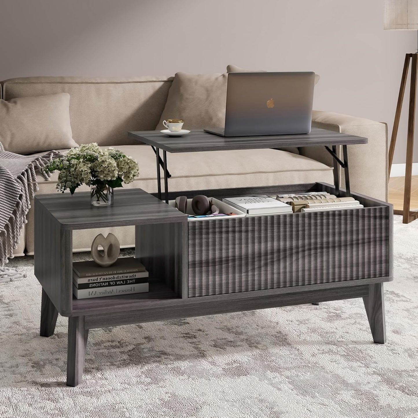 LYNCOHOME Fluted Lift Top Coffee Table with Storage,Modern Center Table for Living Room, Home Office（Grey）