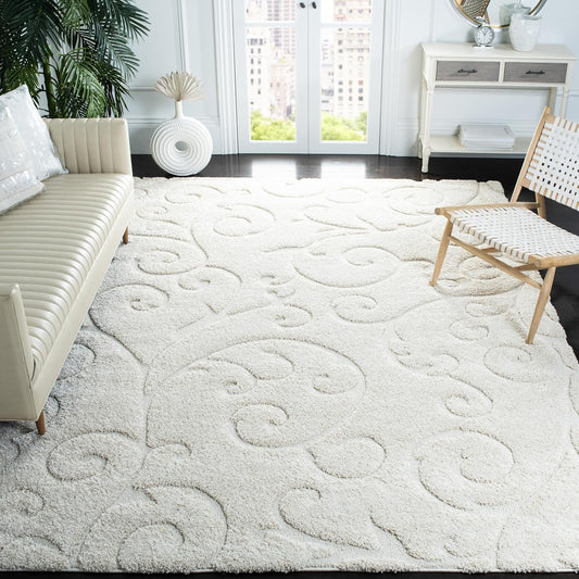SAFAVIEH Florida Shag Collection X-Large Area Rug - 11' x 15', Creme & Creme, Scroll Design, Non-Shedding & Easy Care, 1.2-inch Thick Ideal for High Traffic Areas in Living Room, Bedroom (SG455-1111)