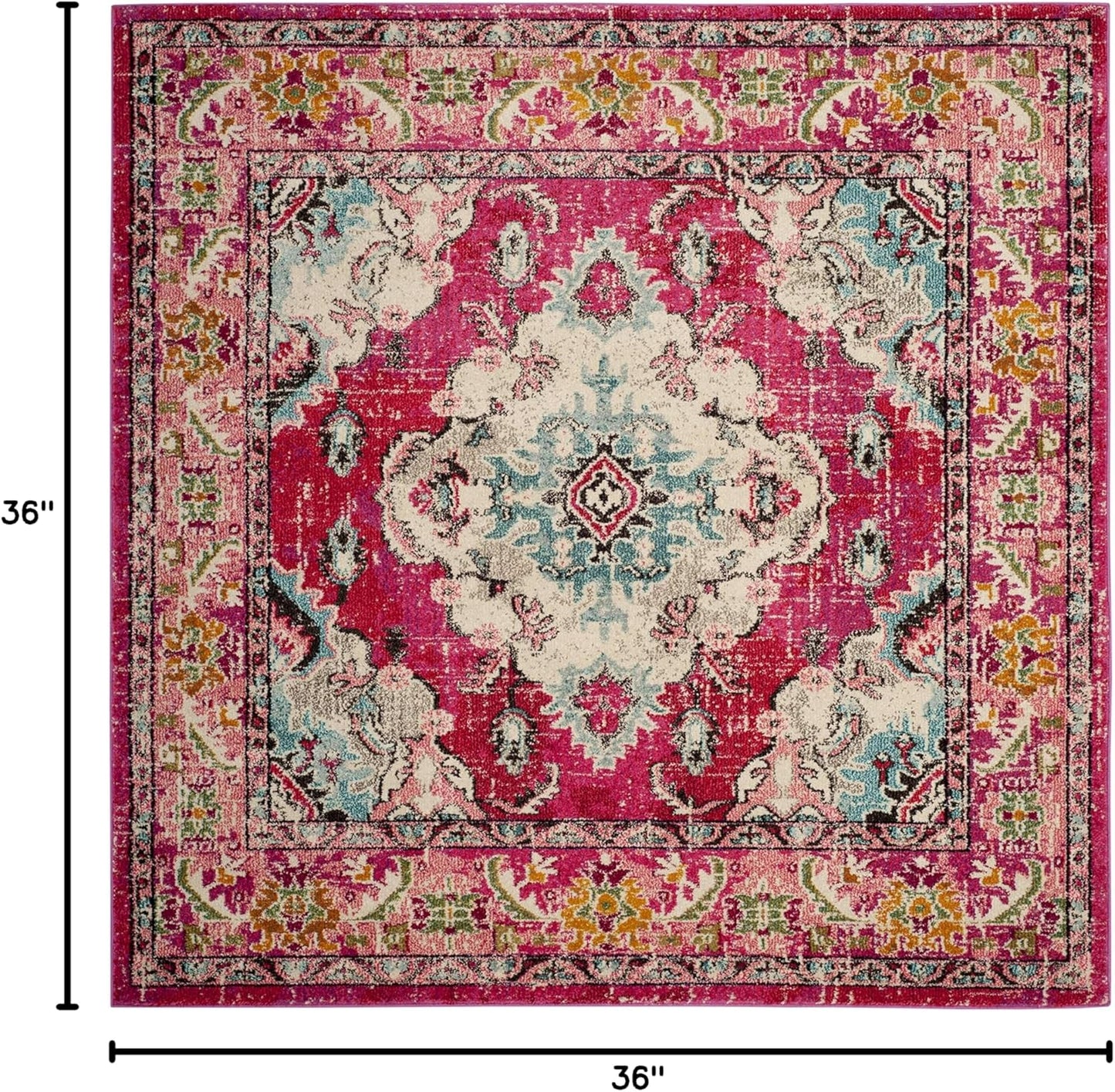 SAFAVIEH Monaco Collection Area Rug - 3' Square, Pink & Multi, Boho Chic Medallion Distressed Design, Non-Shedding & Easy Care, Ideal for High Traffic Areas in Living Room, Bedroom (MNC243D)