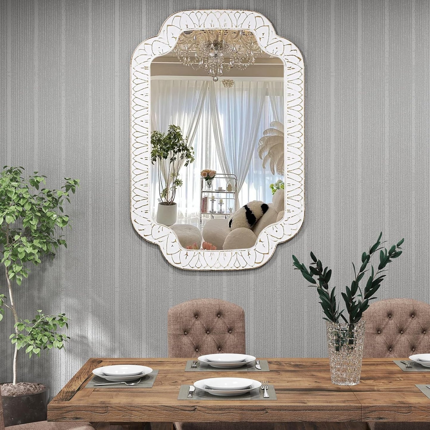 36x24 Inch Scalloped Wall Mirror with Wooden Frame, Rustic Farmhouse Bathroom Vanity Mirror, Decorative Mirrors for Living Room, Bedroom, Entryway – Vertical or Horizontal Mount