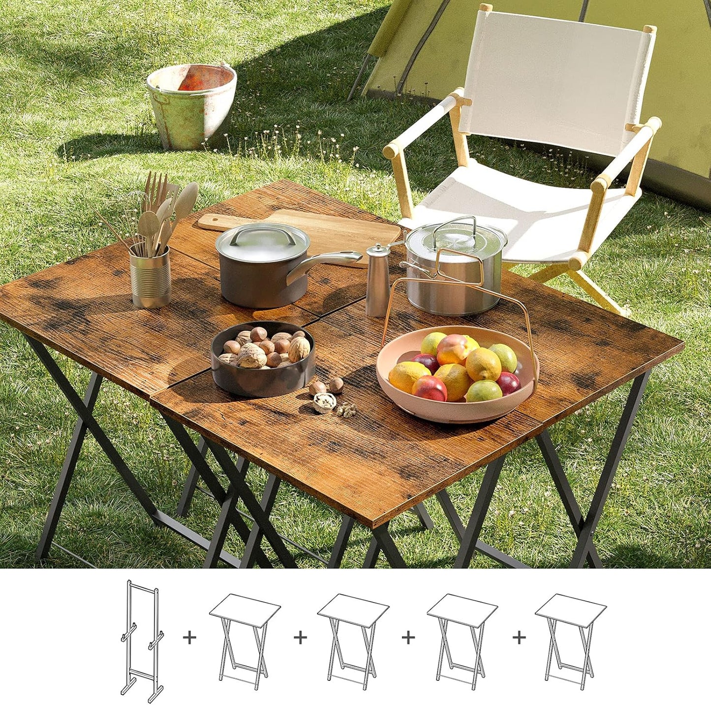 HOOBRO Folding TV Tray Tables, Set of 4 TV Trays with Storage Rack, Industrial Side Table for Eating at Couch, Foldable Snack Table for Small Space, Easy Assembly, Rustic Brown and Black BF50BZ01