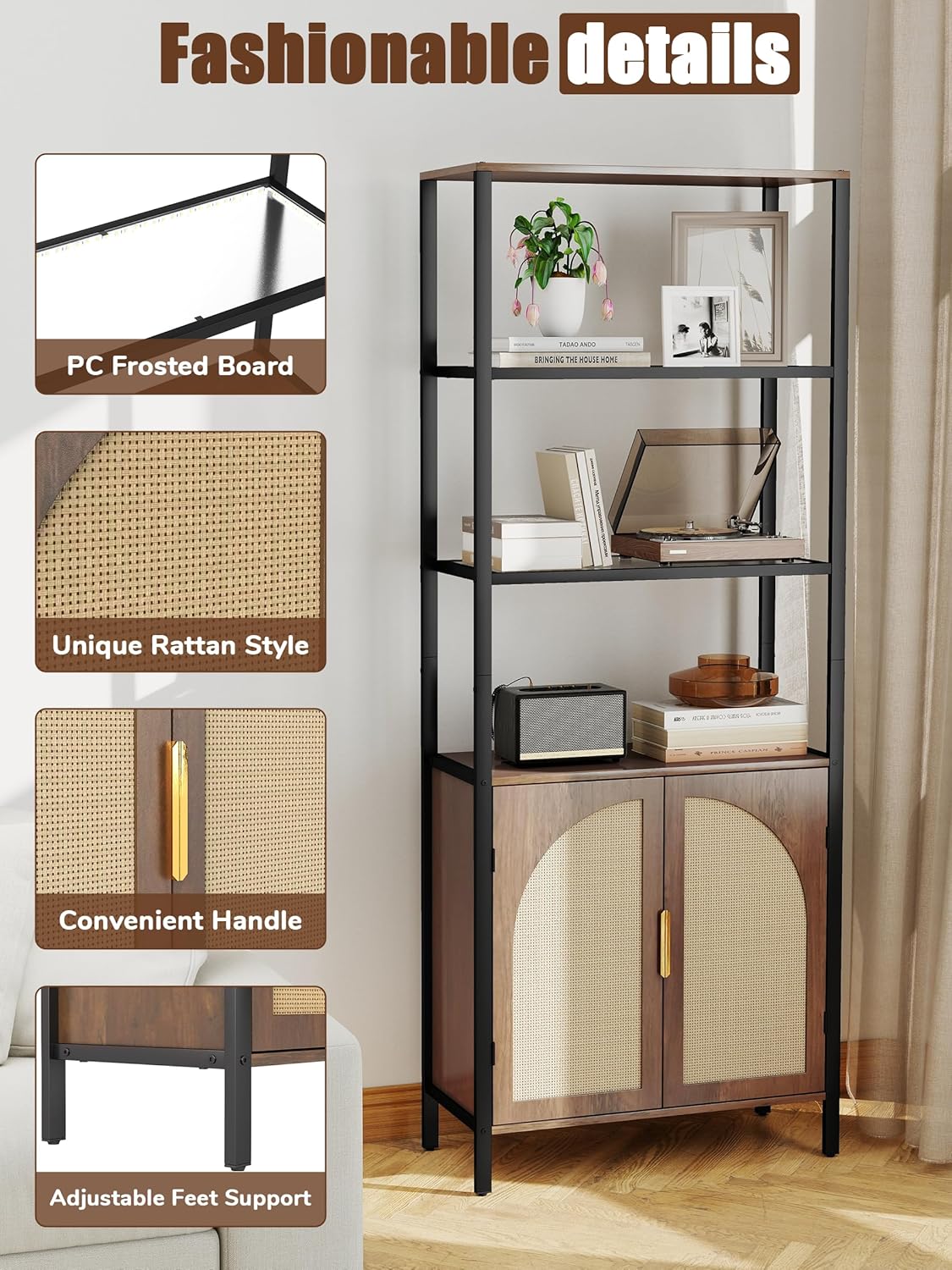 5 Tier Rattan Bookcase with Light 71" Tall Boho Bookshelf with Doors Large Bookcase with Adjustable Shelf Farmhouse Storage Cabinet Bookshelves for Living Room Bedroom Home Office Kitchen