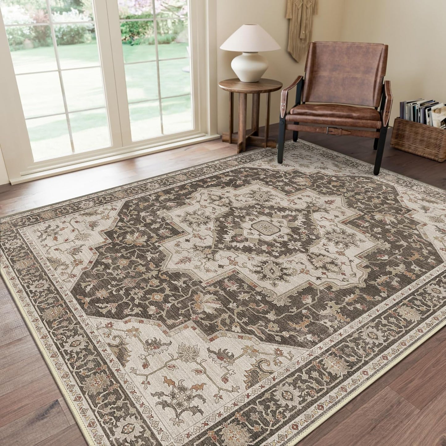 GENIMO 8x10 Area Rugs for Living Room, Machine Washable Non Slip Vintage Retro Rugs, Low Pile Lightweight Chenille Print Rug for Bedroom, Dining Room, Home Office, Ebony Taupe