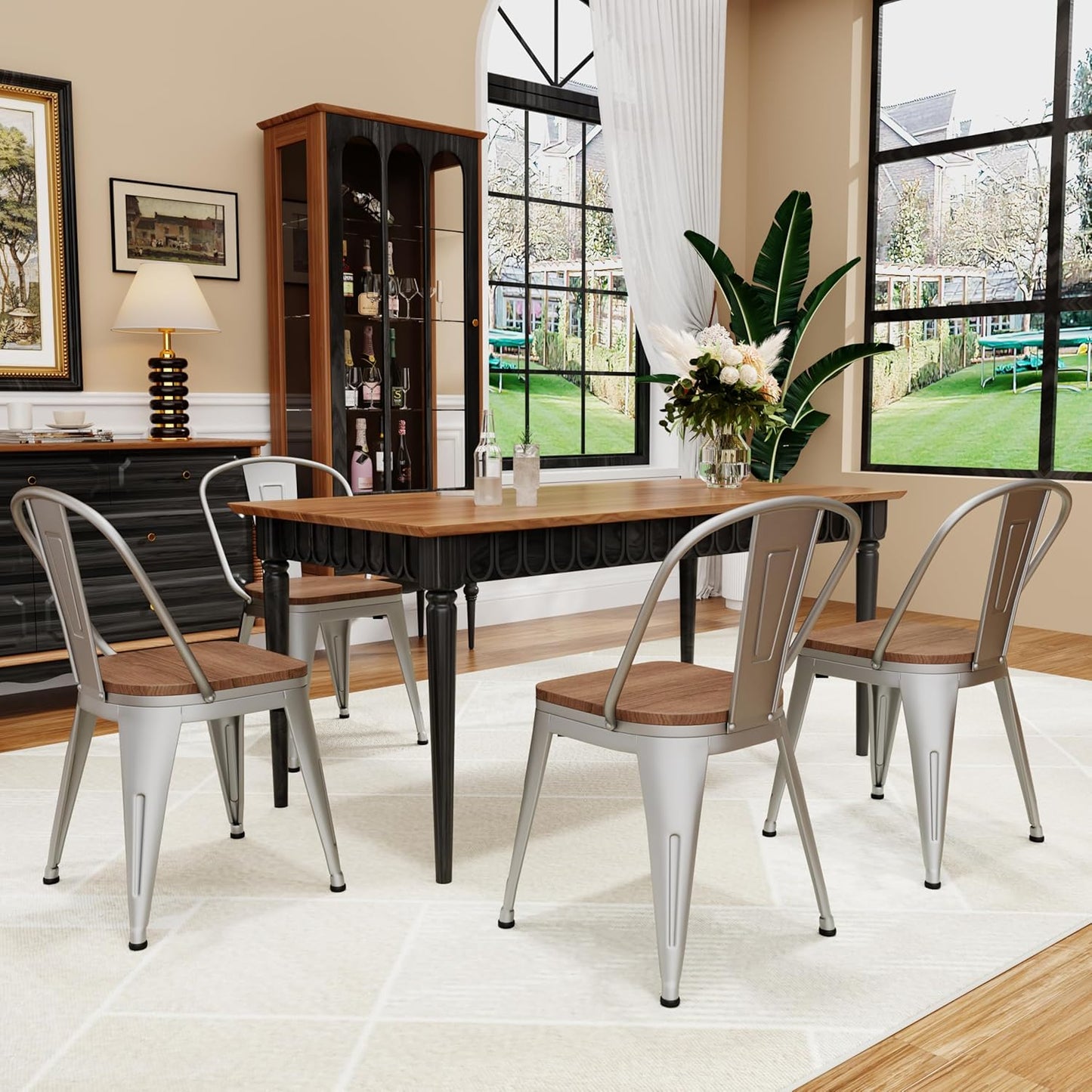 18 Inch Metal Dining Chairs,Arlunar Farmhouse Chairs Set of 4 Black Dining Room Chairs Stackable with Back and Wooden Seat bar stools