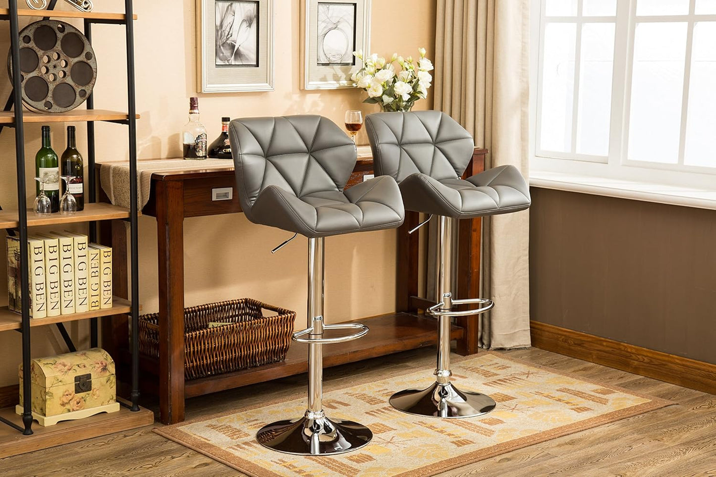 Roundhill Furniture Glasgow Contemporary Tufted Adjustable Height Hydraulic Grey Bar Stools, Set of 2,