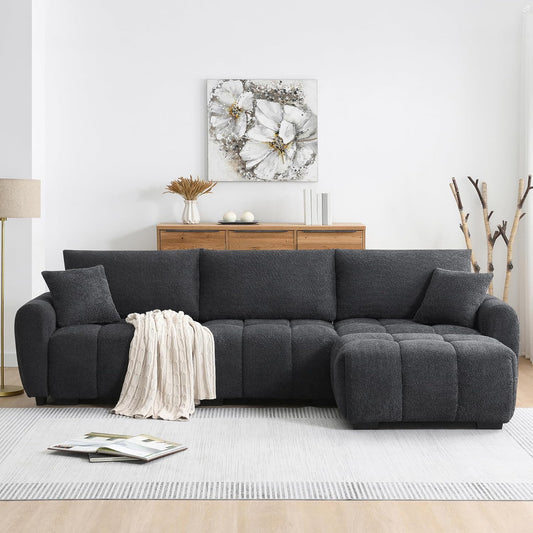 Ball & Cast Modular Sectional Sofa W/Movable Ottoman and 2 Lumbar Pillows,4 Seater L Shaped Couch W/Deep Seat,DIY Combination,Boucle Fabric Upholstered Sofa for Living Room,Apartment,Black+ Gray,110"