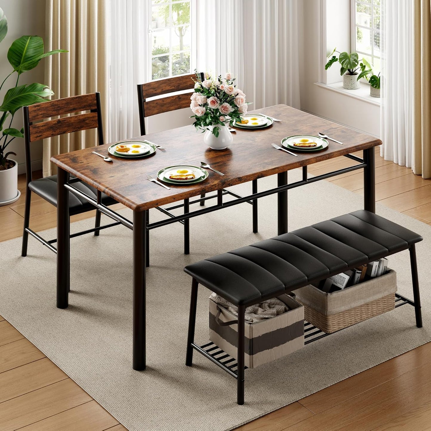 IRONCK Dining Table Set for 4, Kitchen Table with Upholstered Bench and 2 Chairs, Kitchen Table and Chairs Set for Small Space, Apartment, Rustic Brown