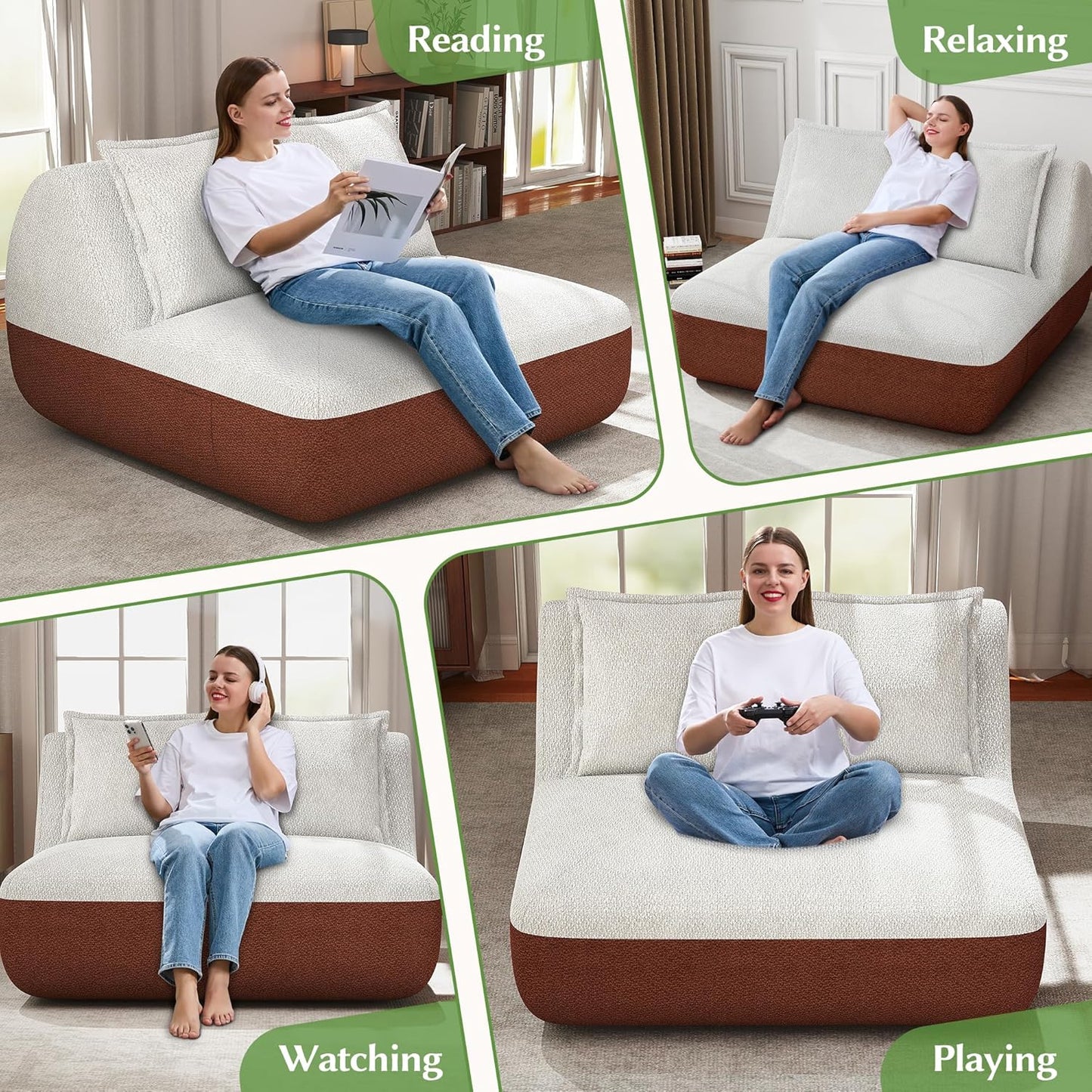 Hobestluk Small Sofa Couch Lounge Sofa Chair for Living Room, Comfy Memory Foam Couch, Mini Sofa with Side Pocket for Living Room, Bedroom (Terracotta+Beige)