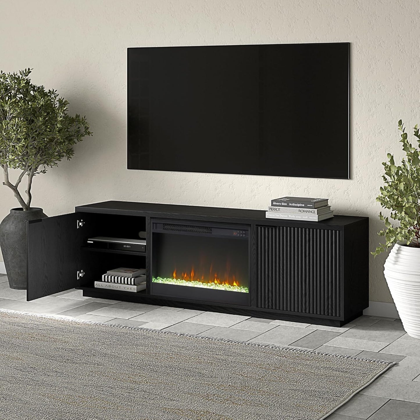 Henn&Hart Rectangular TV Stand with 26" Crystal Fireplace for TV's up to 78" in Black Grain, for Home, Living Room, Bedroom, Entertainment Room, Office