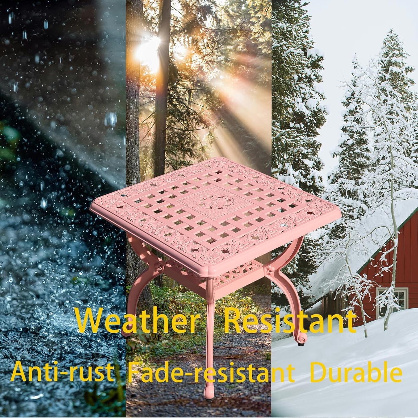 Cast Aluminum Outdoor Side Table,Small Patio Table,Outdoor Coffee Tables for Patio,Garden,Balcony, for All Weather (Pink, Square)