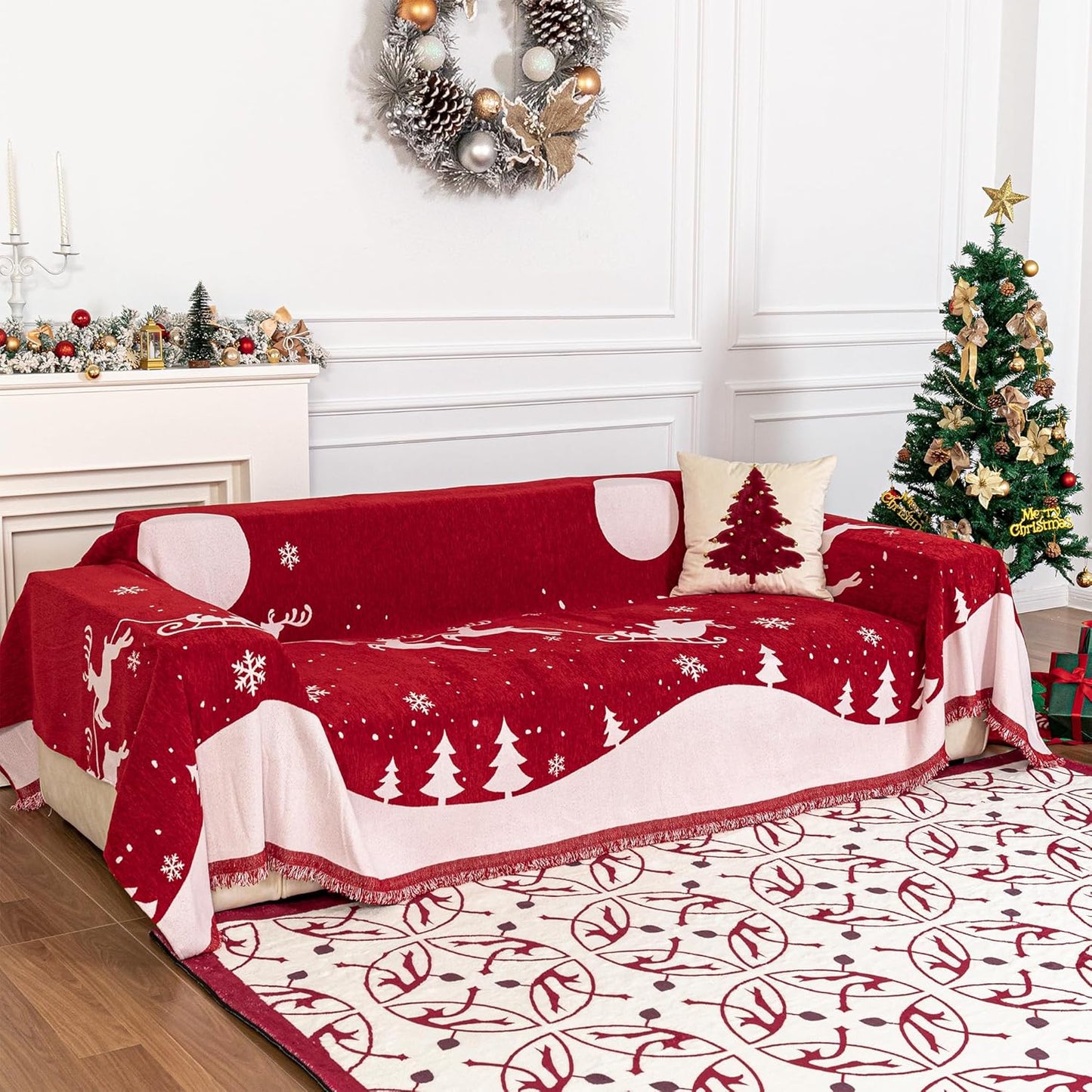 MYSKY HOME Sofa Cover Couch Covers for Sofa, Couch Sofa Covers for 3 Cushion Couch Sofa, Non Slip Soft Couch Sofa Cover, Couch Cover for Dogs Washable Furniture Protector, 71"x134", Christmas Red