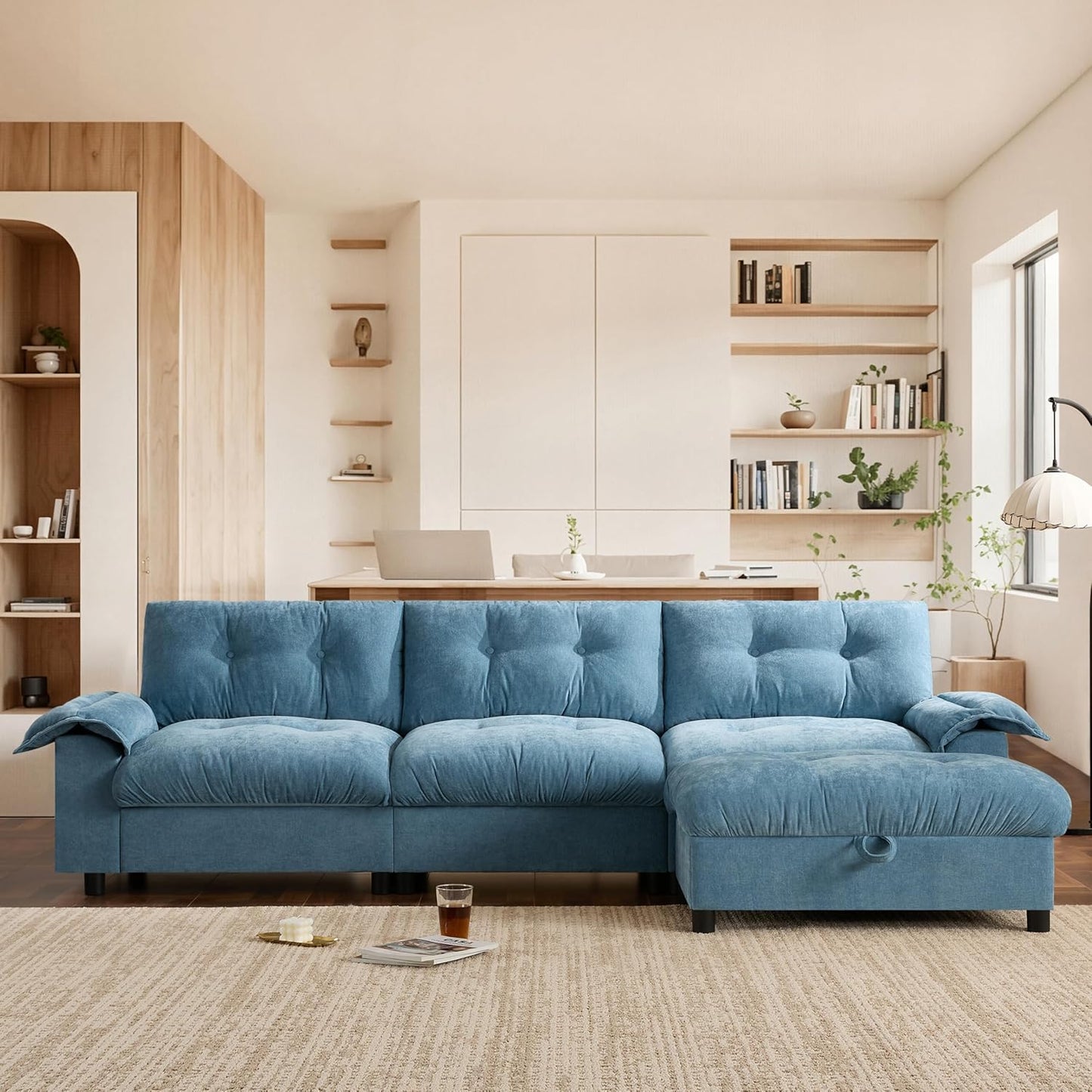 Ball & Cast Modular L Shaped Sectional Sofa with Movable Storage Ottoman and Dual-Port Charging,4 Seater Comfy Cloud Couch W/Side Storage Pockets & Cup Holder,for Living Room,Apartment,Light Blue,104"