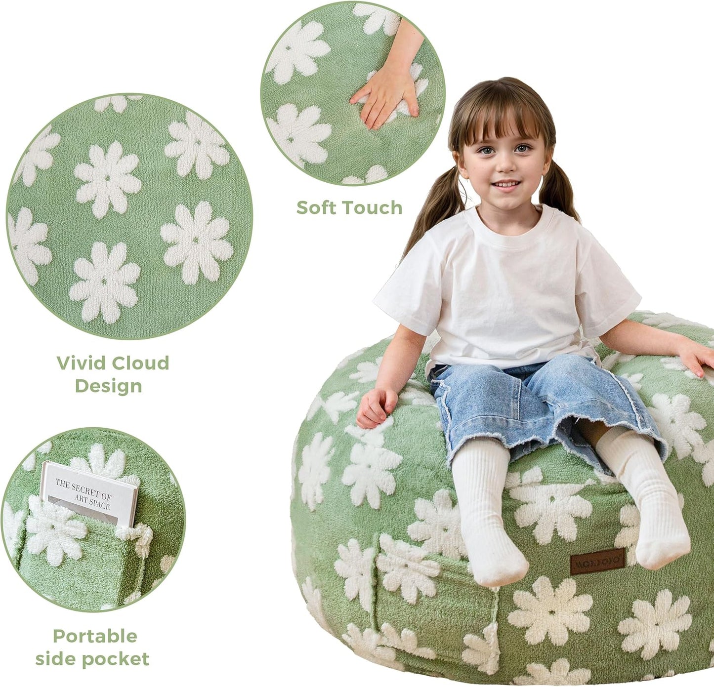 MAXYOYO Bean Bag Chair for Kids, Floral Pattern Lazy Chair with High-Density Foam Filling, Stuffed Floor Sofa Couch for Boys and Girls, Child Floor Sofa for Gaming, Reading, Green