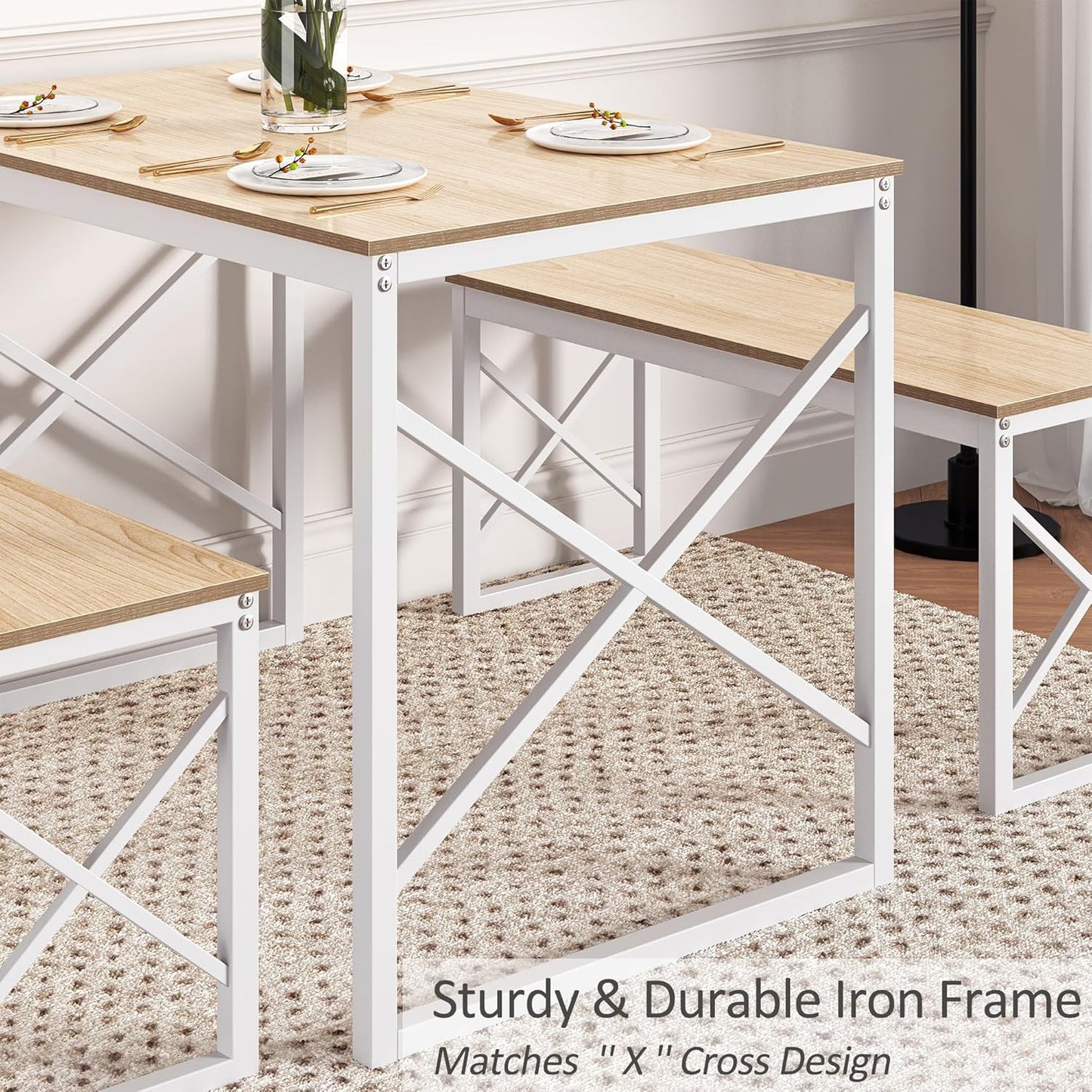 VECELO Kitchen Table with 2 Benches for 4, 43.3'' Wood Dining Room Dinette Sets with Metal Frame for Breakfast Nook and Small Space, Oak