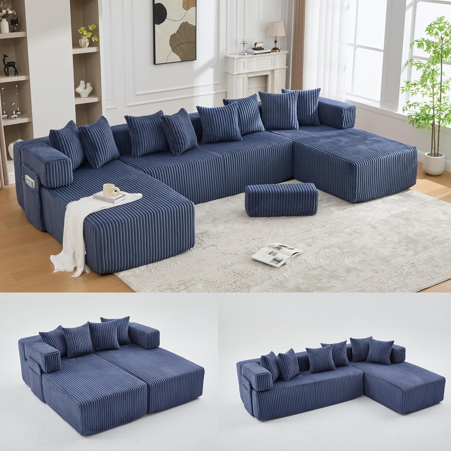 Eafurn DIY Combination Compression Modular Sectional Sofa with Double Chaise Lounge, 146" Oversized U Shaped Boneless Couch with Deep Seat Convertible Sleeper Sofabed w/Throw Pillows