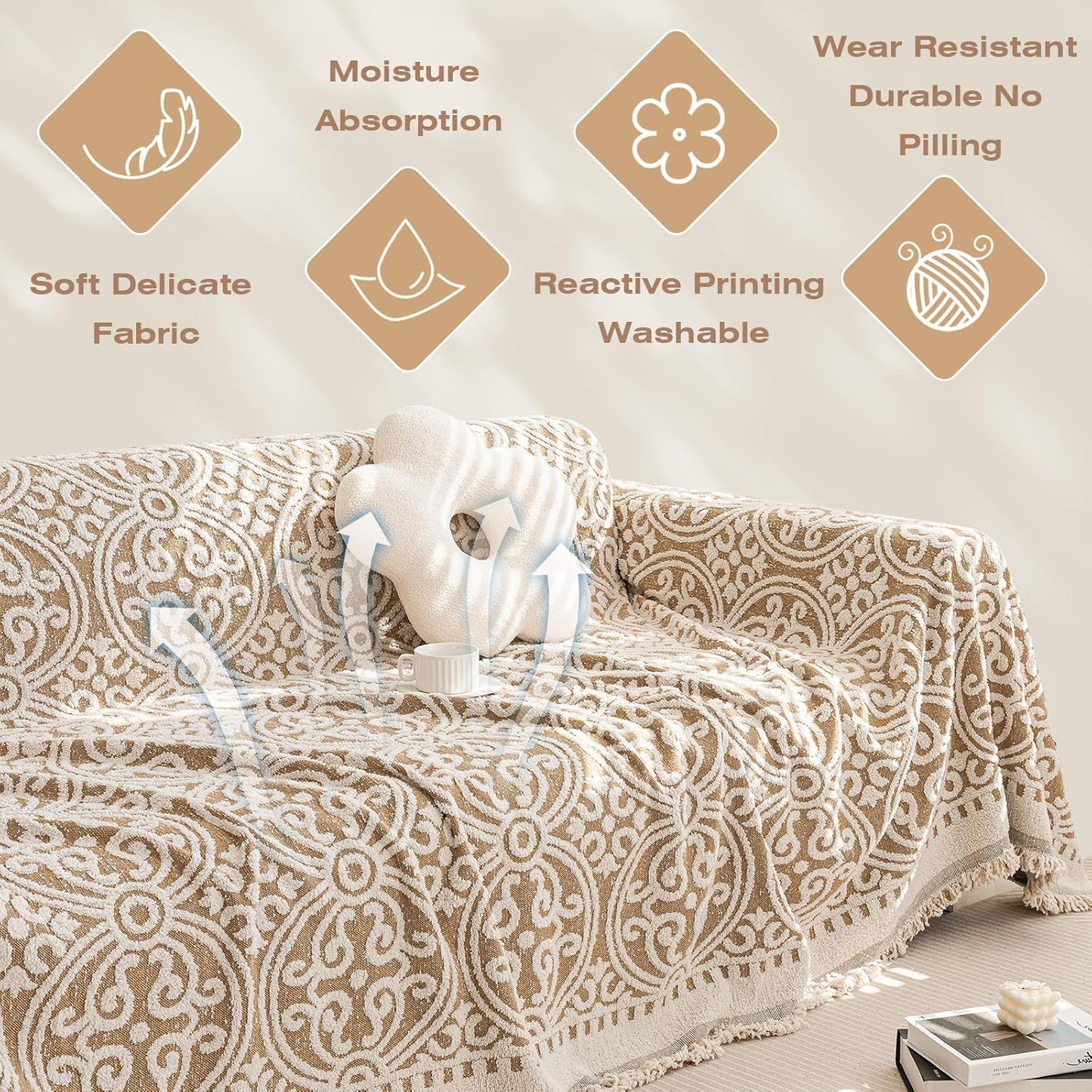 STACYPIK Khaki French Jacquard Couch Covers Thickened Boho L Shape Sofa Covers Soft Pets Protector for 3 Cushion Couch Washable Dogs Cats Couch Protector Cover Non Slip Throw Blanket-71X134IN