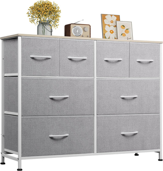 WLIVE 8 Drawer Dresser for Bedroom, Wide Fabric Dresser Storage Organizer, Chest of Drawers with Wood Top, Sturdy Steel Frame, Dressers for Living Room, Closet, Hallway, Light Grey