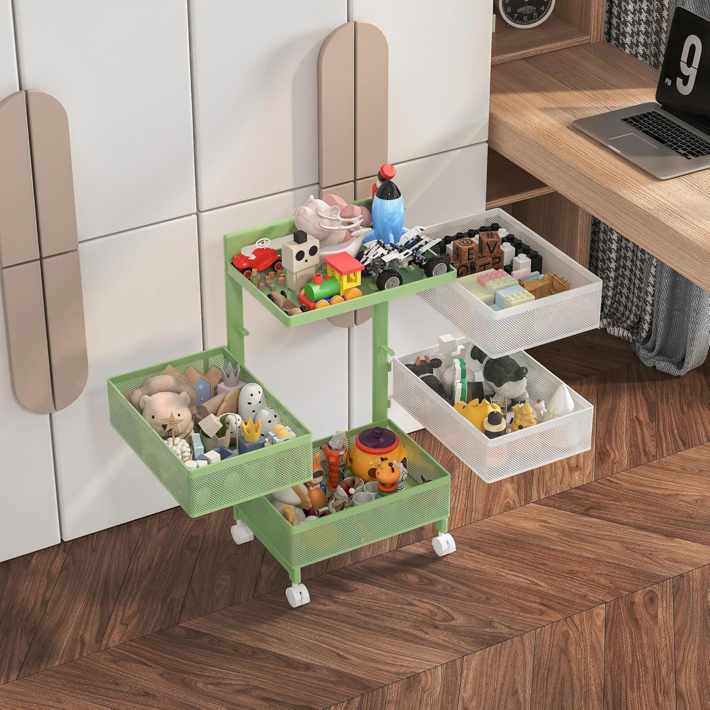 Fruit Basket for Kitchen No Assembly 4-Tier Rotating Storage Rack, Vegetable Storage Cart，Bathroom Shelf,Storage Drawer Cart,Kitchen Organizers and Storage Cart(Green White, 4 Tier-Square)