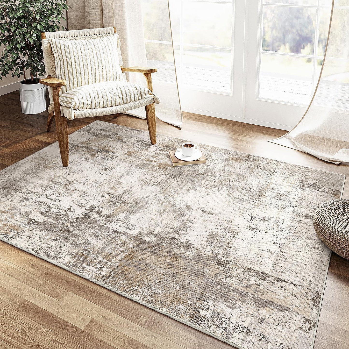 4x5 Washable Area Rug Brown Grey Neutral Abstract Entryway Kitchen Non Slip Low Pile Throw Rug Living Room Bedroom Indoor Doormat Soft Carpet for Entrance Bathroom Office
