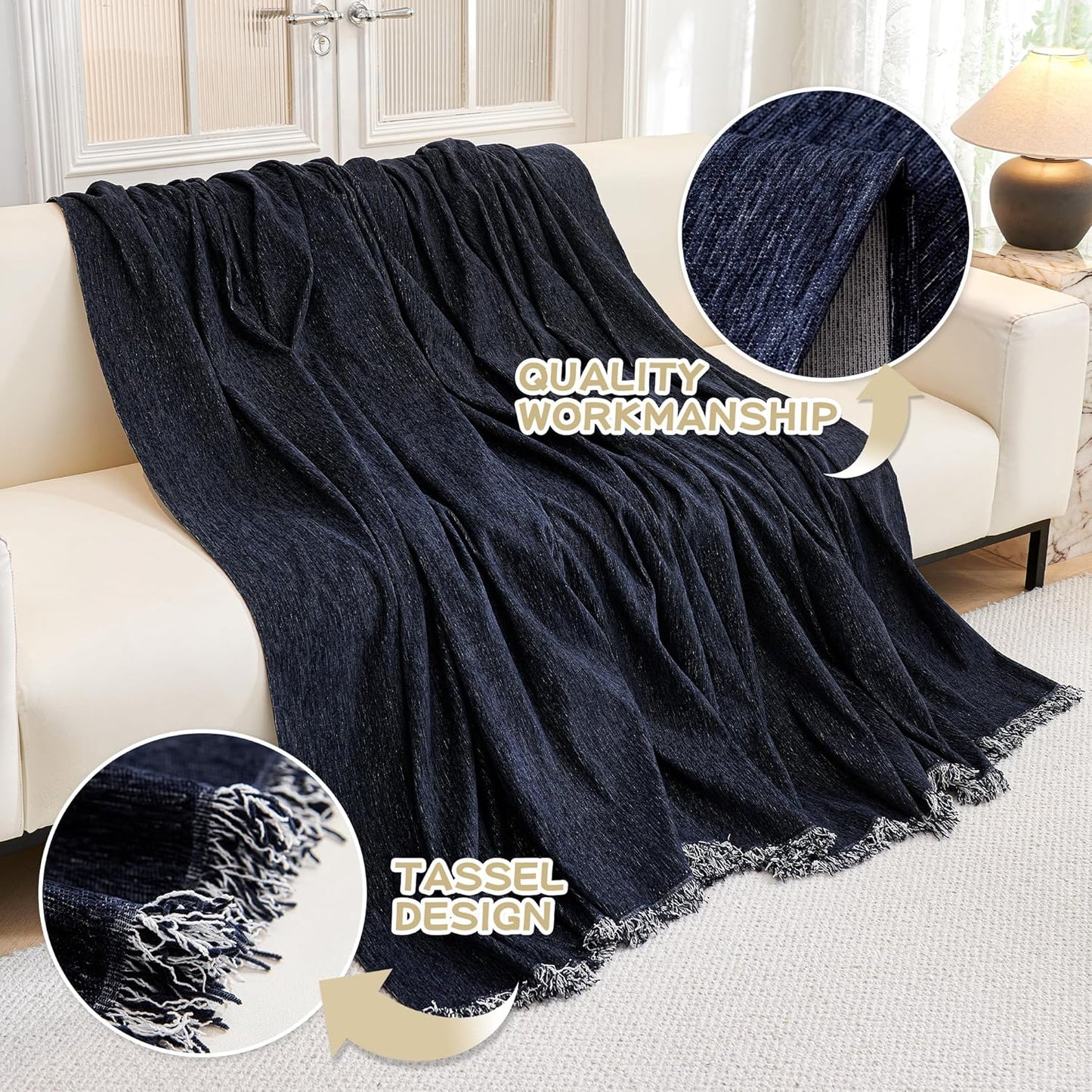 MYSKY HOME Sofa Covers Love Seat Couch Covers Couch Covers for Reclining Couches Couch Cover Sectional Washable Couch Cover with Tassels Sofa Protector for Kids, Dogs, Pets, 71"x118", Navy Blue