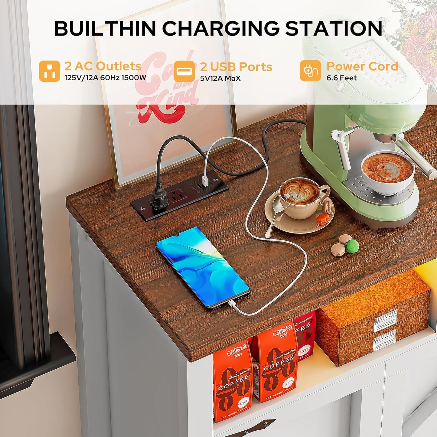 Buffet Sideboard with Storage with Power Outlets & LED Light 4 Doors, 55'' Large Farmhouse Kitchen Storage Cabinet Wood Coffee Bar Cabinet Buffet Table for Kitchen, Dining Room, Entryway