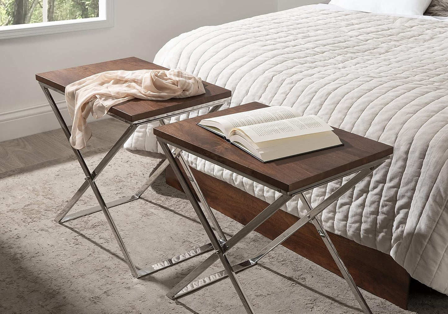 Kate and Laurel Laraway Modern Side Table, 21 x 15 x 21, Walnut Brown and Silver, Metal End Table with Solid Wood Tabletop and Foldable Frame