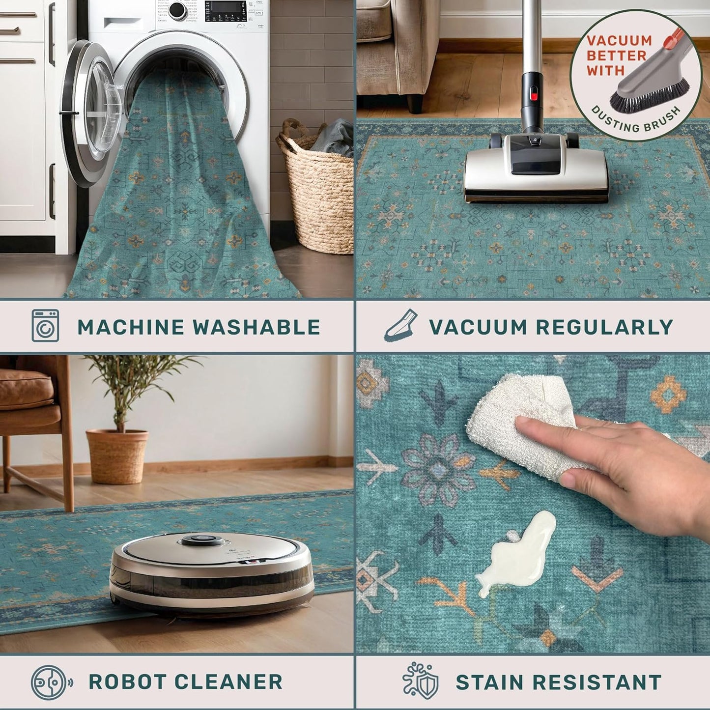 2x3 Washable Teal Rug for Entryway Indoor, Kitchen Floor Waterproof, Bathroom, Powder Room, Non Slip Low Pile Stain & Fade Resistant, Modern Turquoise Aqua Décor