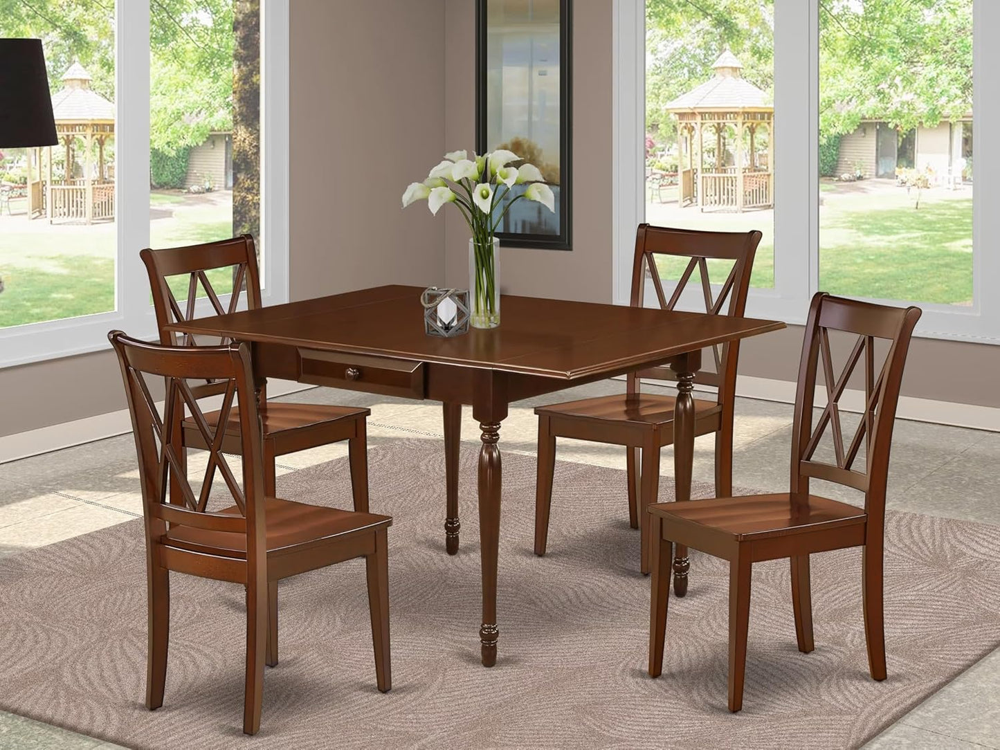 East West Furniture MZCL5-MAH-W 5 Piece Dining Room Table Set Includes a Rectangle Dining Table with Dropleaf and 4 Wood Seat Chairs, 36x54 Inch, Mahogany