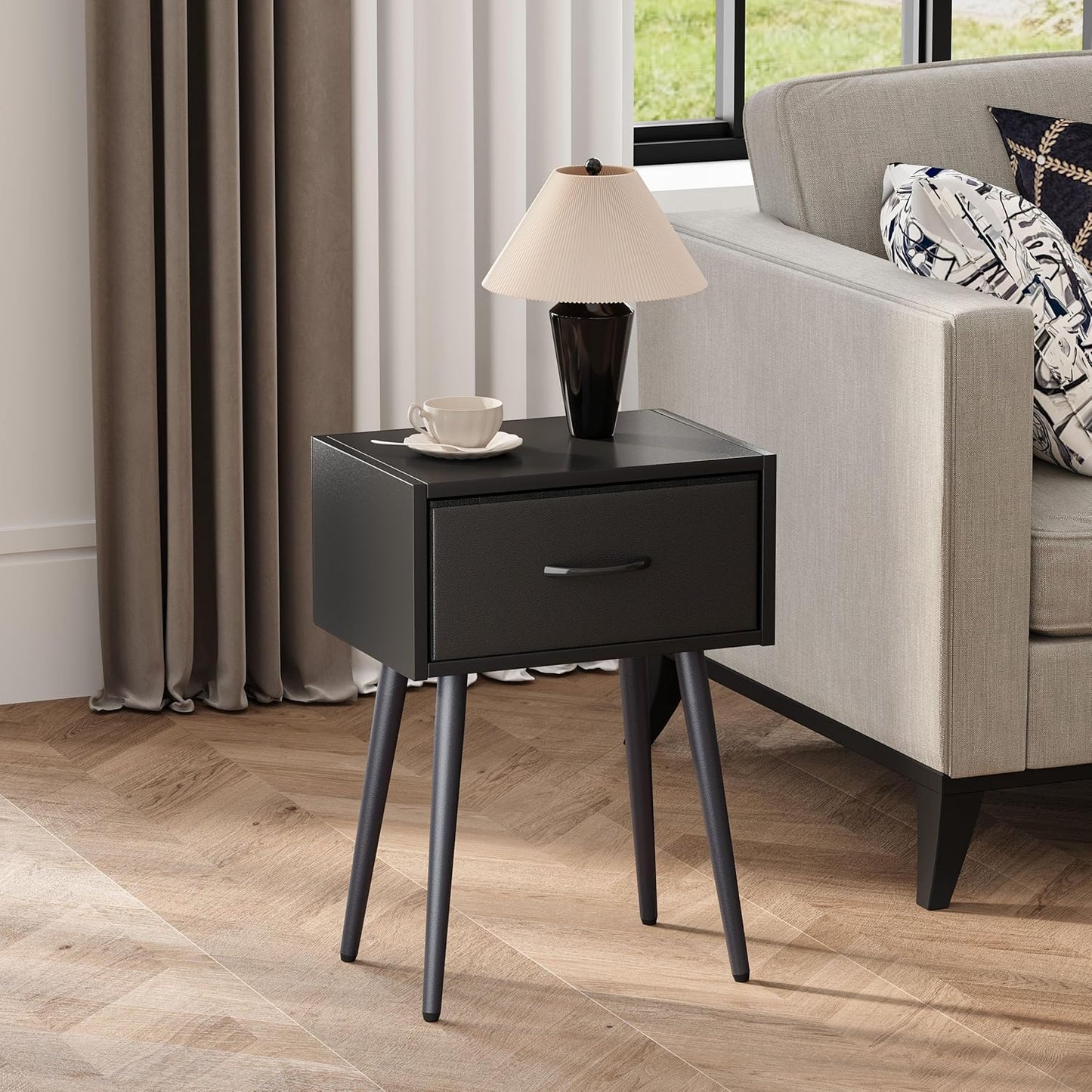 Black Nightstands Set of 2, Small Bedside Table with Fabric Drawer, Modern End Table with Metal Leg, Couch Side Table for Bedroom Living Room, Sofa, Office LNT504B