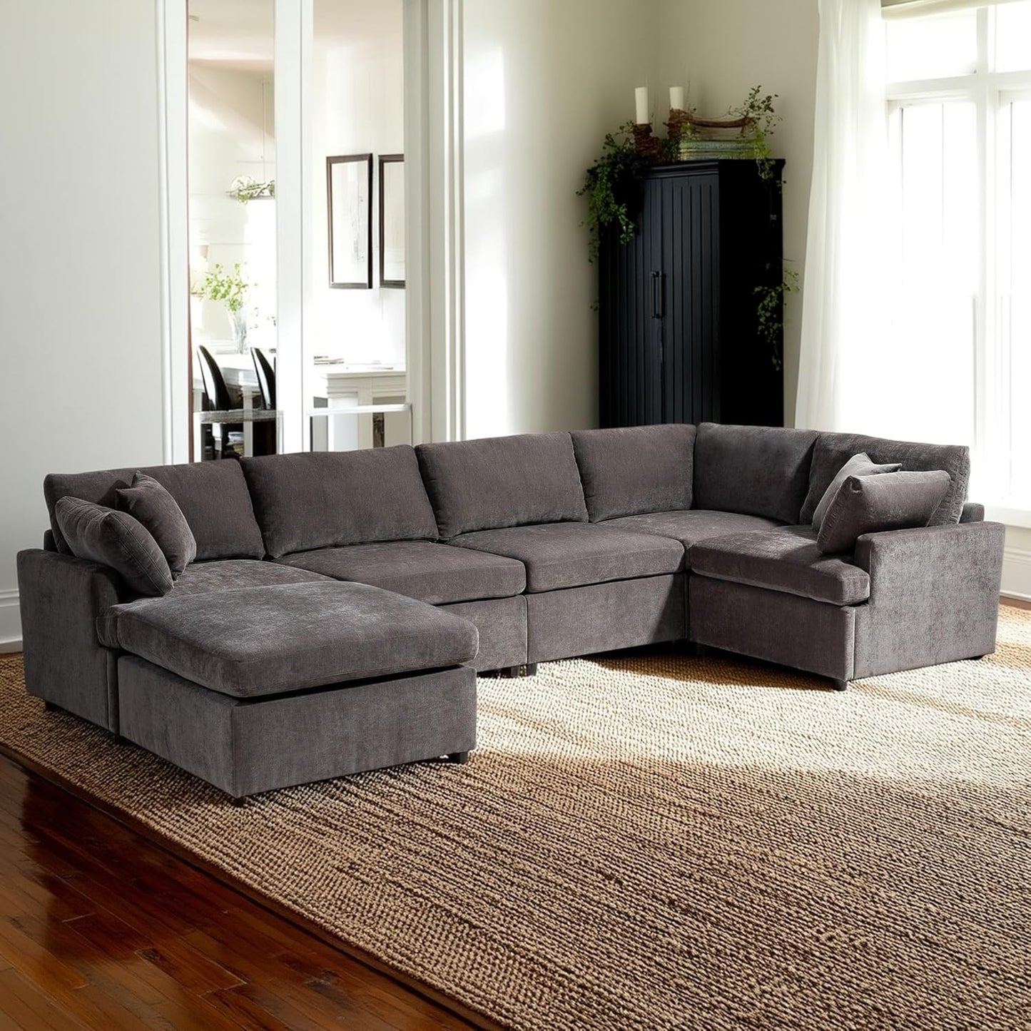 100 Inch U-Shaped Modular Convertible Sectional Sofa with Removable Ottoman and Pillows, Oversized 6 Seater Upholstered Corner Couch for Living Room, Office, Spacious Space, Gray