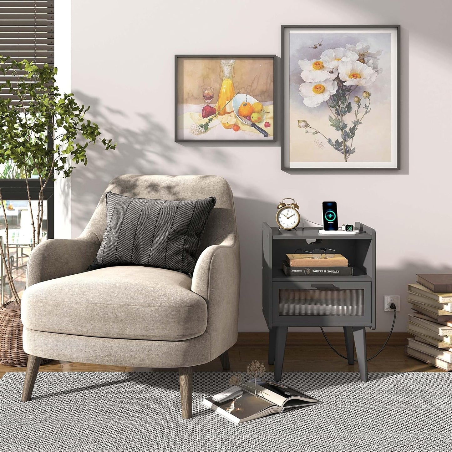 Nightstand with Charging Station, Bedside Tables Grey End Table Side Table with 2 Tiers Storage Space, for Bedroom Living Room CAMLBZ07ZE