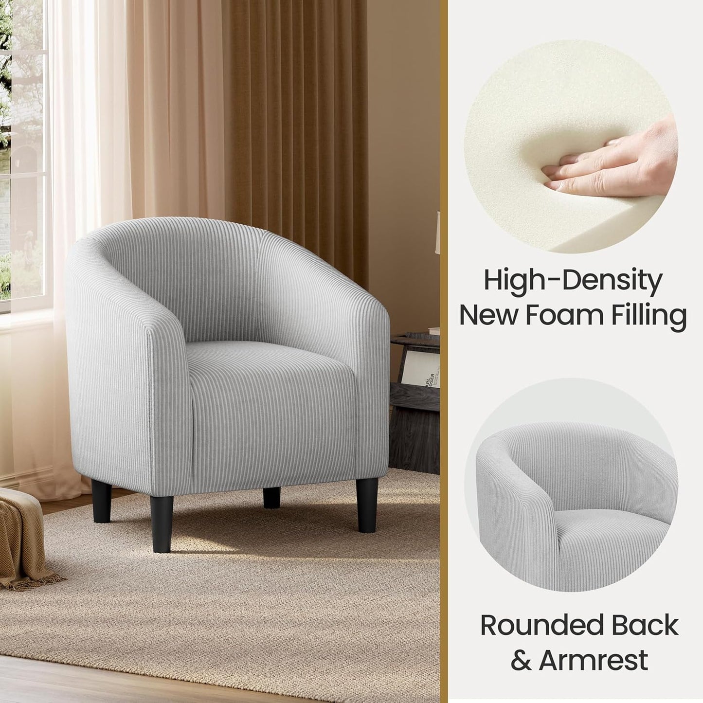 Yaheetech Accent Barrel Chair, Corduroy Fabric Club Chair, Furry Sherpa Elegant Armchair with Cozy Soft Padded for Living Room Bedroom Reception Room Office, Light Gray