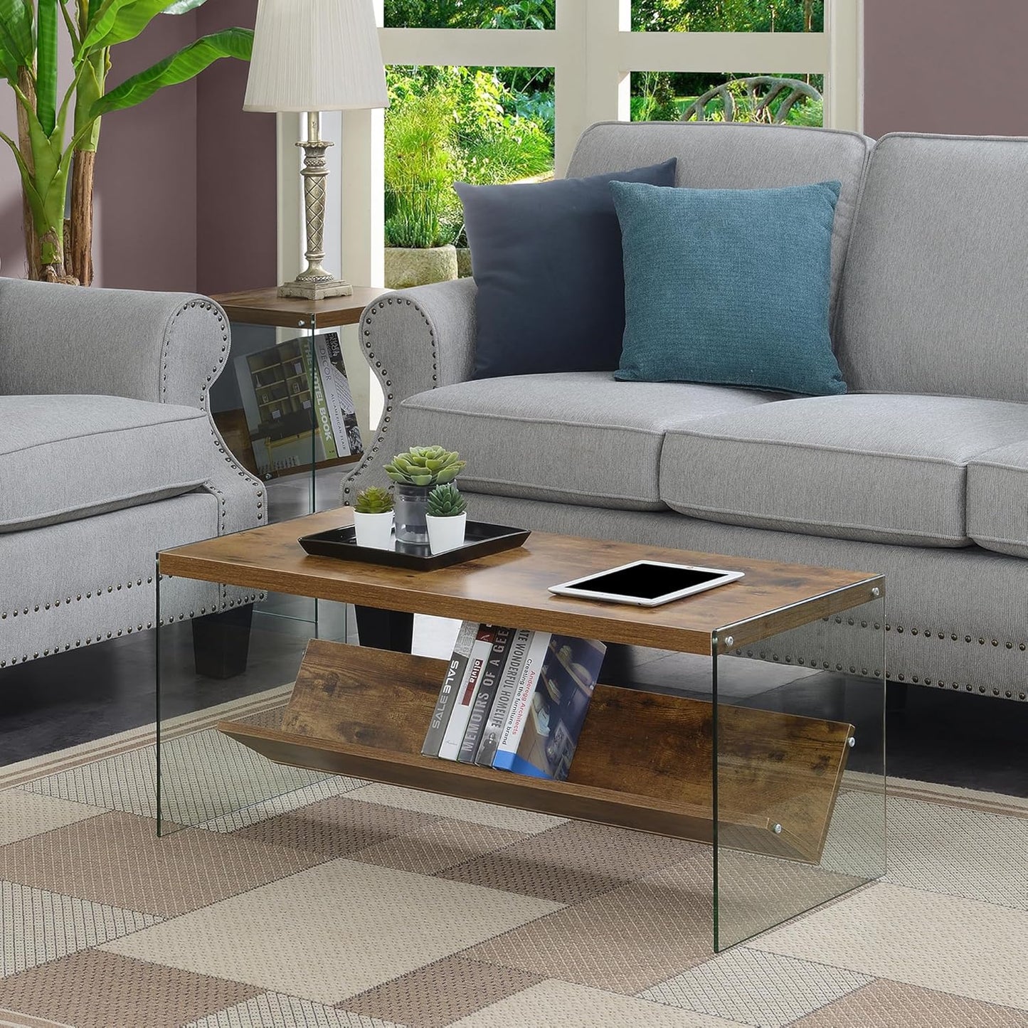 Convenience Concepts SoHo Glass Coffee Table 40" - Modern Living Room Table with Storage Shelf, Contemporary Coffee Table for Family Room, Barnwood