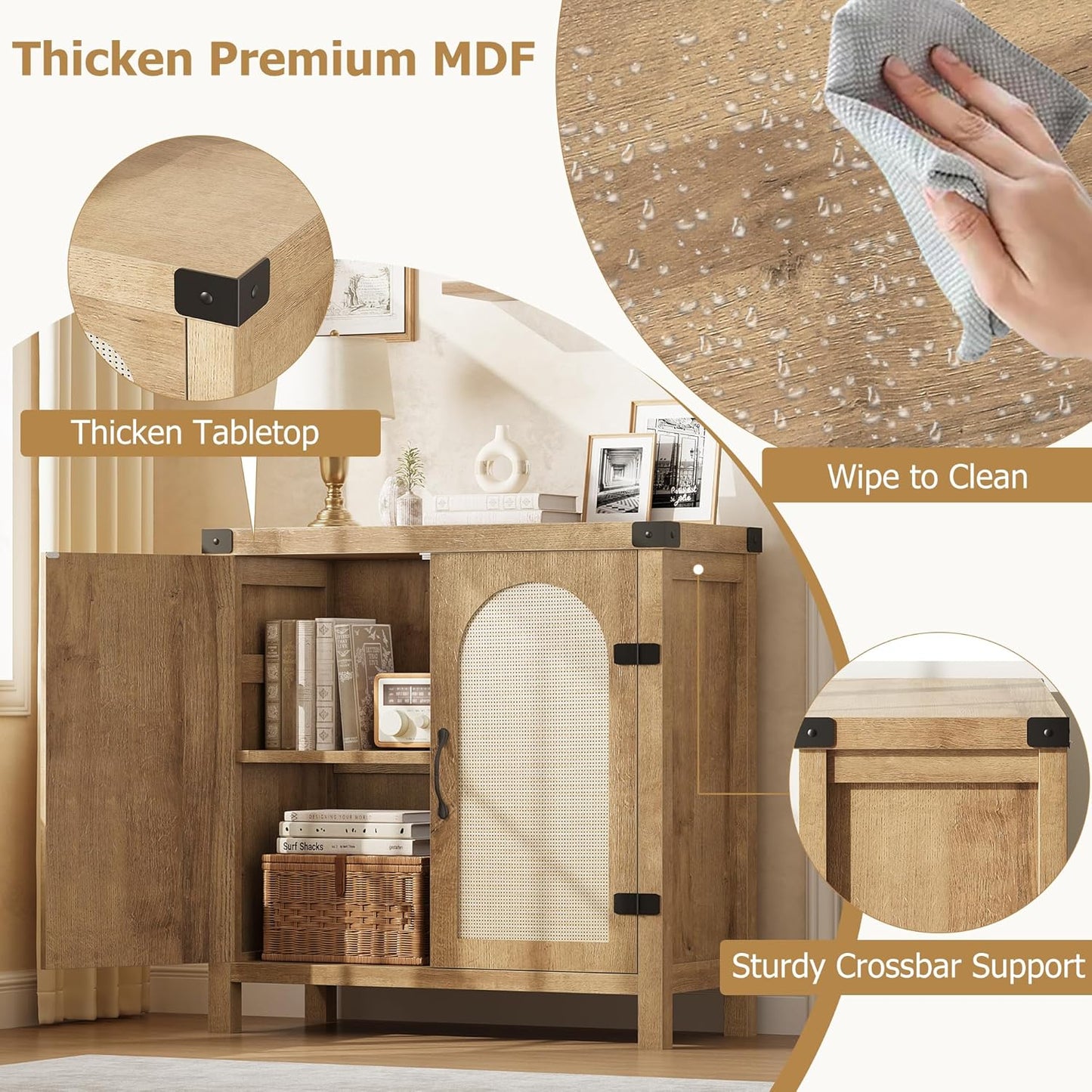 IDEALHOUSE Rattan Cabinet with Drawer, Sideboard with Synthetic Rattan-Accent Doors, Adjustable Shelves, Buffet Cabinet for Living Room Dining Room, Natural