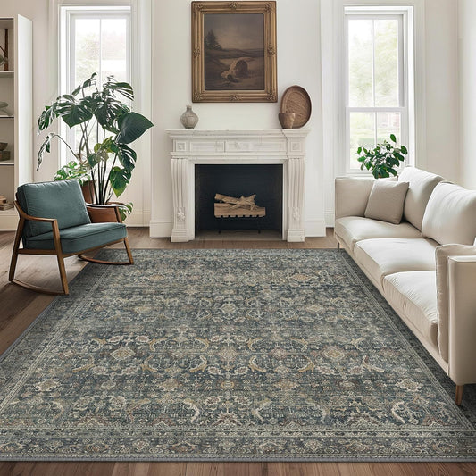 10X12 Area Rugs Machine Washable Rugs for Living Room, Vintage Boho Large Rugs for Bedroom Dining Room, Non Slip Indoor Soft Distressed Lightweight Thin Low Pile Carpet, Deep