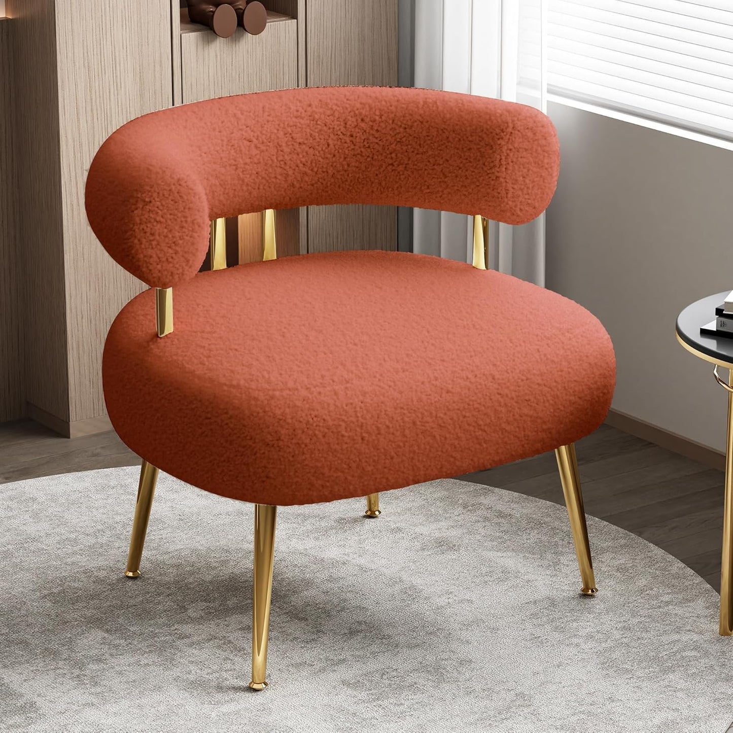 Mid Century Sherpa Boucle Accent Chair, Round Upholstered Barrel Arm Chair for Small Spaces, Fluffy Side Corner Sofa Chair for Living Room, Bedroom, Vanity, Office, Reading Nook(Orange)