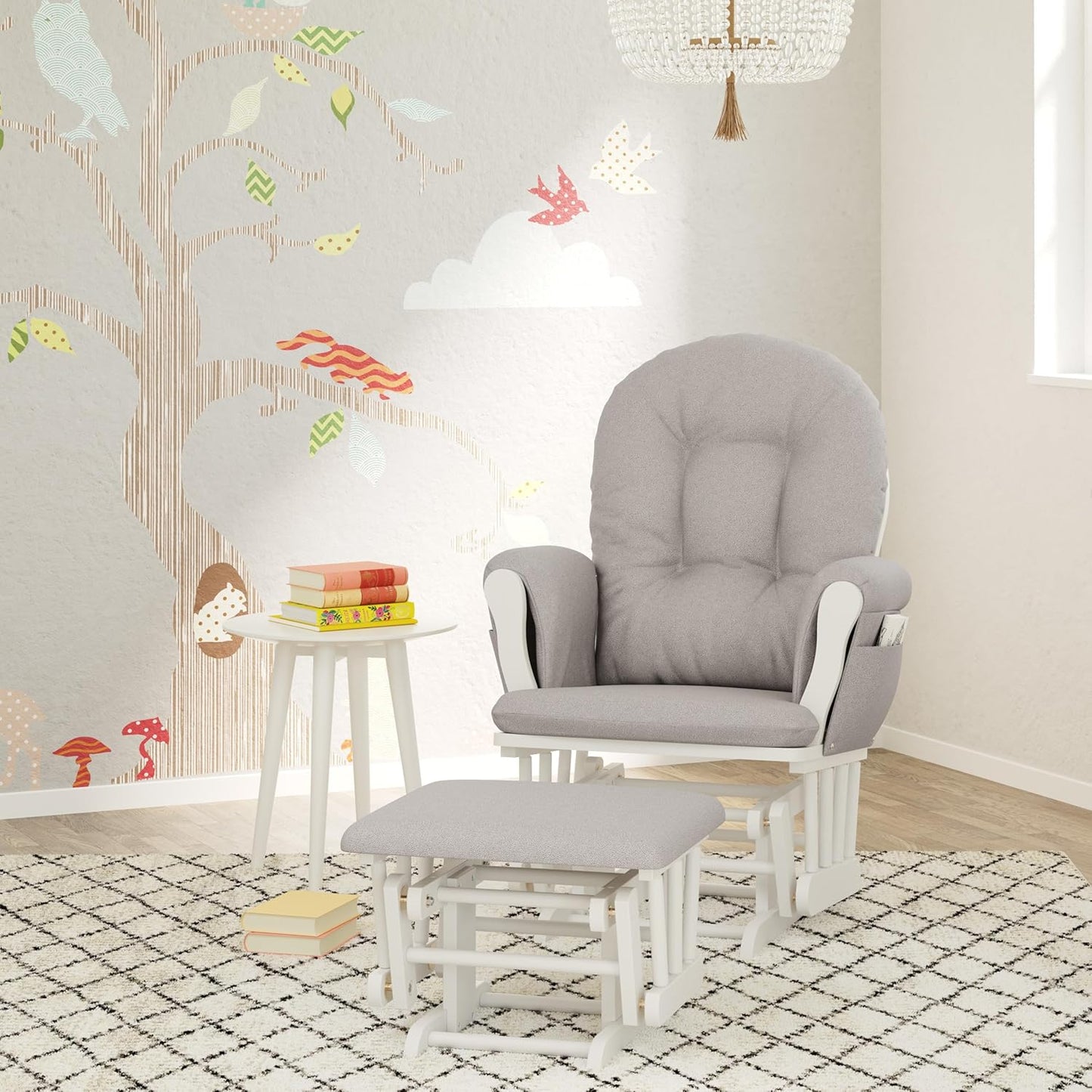 Storkcraft Premium Hoop Glider & Ottoman (White/Taupe Swirl) — GREENGUARD Gold Certified Nursery Glider, Solid Wood Craftsmanship, Smooth-Gliding Nursery Chair and Ottoman, Award-Winning