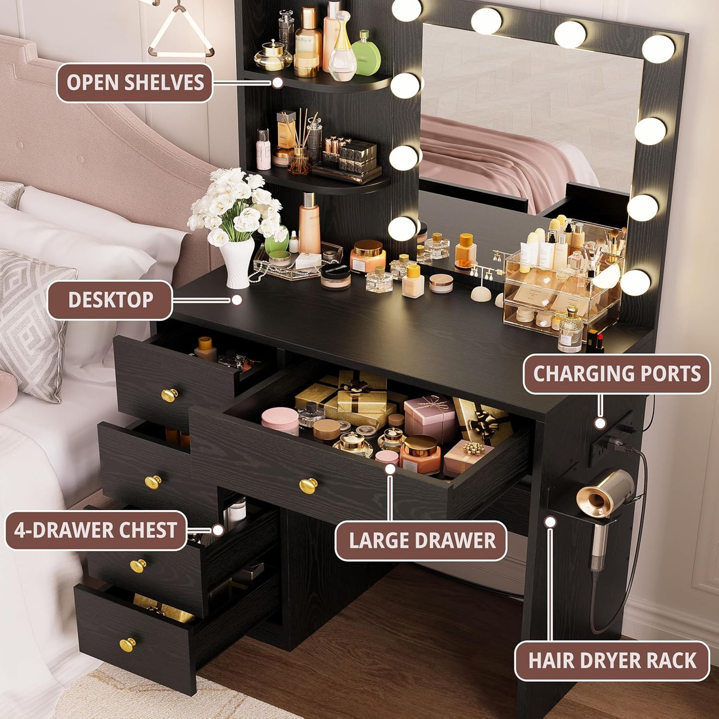 IRONCK Vanity Desk with Mirror and Lights, Small Makeup Vanity Table with 5 Drawers, Power Outlet, and Vanity Stool, 3 Lighting Colors, Dressing Table for Women Girls Bedroom, Black