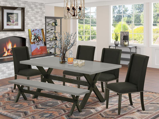 East West Furniture X697FL624-6 6 Piece Dinette Set Contains a Rectangle Dining Table with X-Legs and 4 Black Linen Fabric Parson Chairs with a Bench, 40x72 Inch, Multi-Color