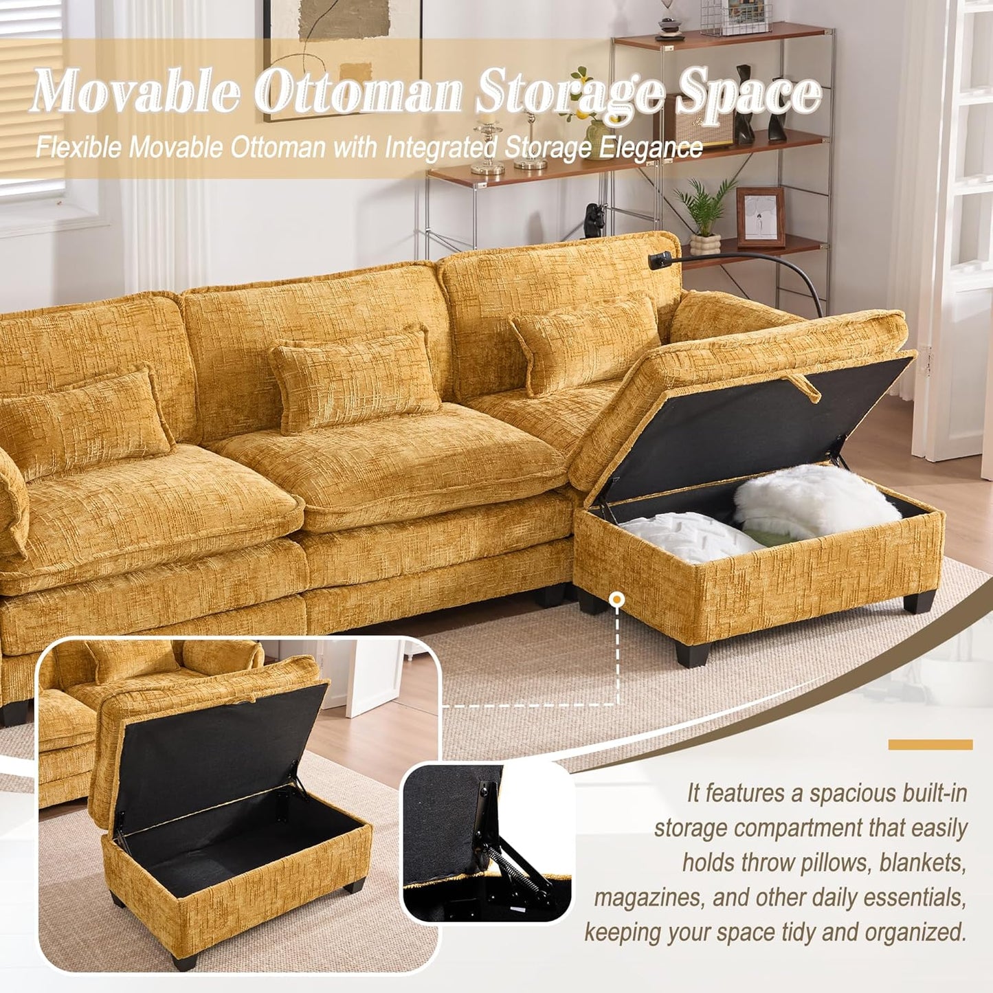 Ball & Cast Modular L Shaped Sectional Sofa,Comfy Cloud Couch W/Movable Storage Ottoman,4 Seater Sectional Sofa W/USB Charging Port,Phone Holder&Side Pocke,Chenille Fabric,for Living Room,Yellow,109"