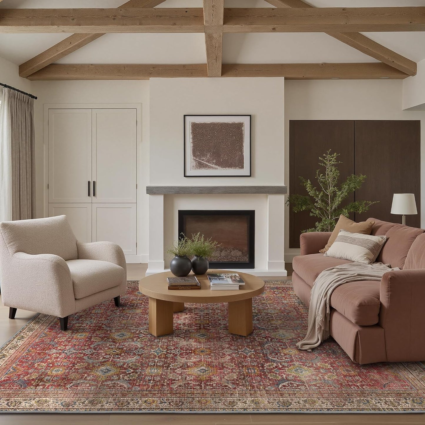 9X12 Area Rugs Machine Washable Rugs for Living Room, Vintage Boho Large Rugs for Bedroom Dining Room, Non Slip Indoor Soft Distressed Lightweight Thin Low Pile Carpet, Rust Red