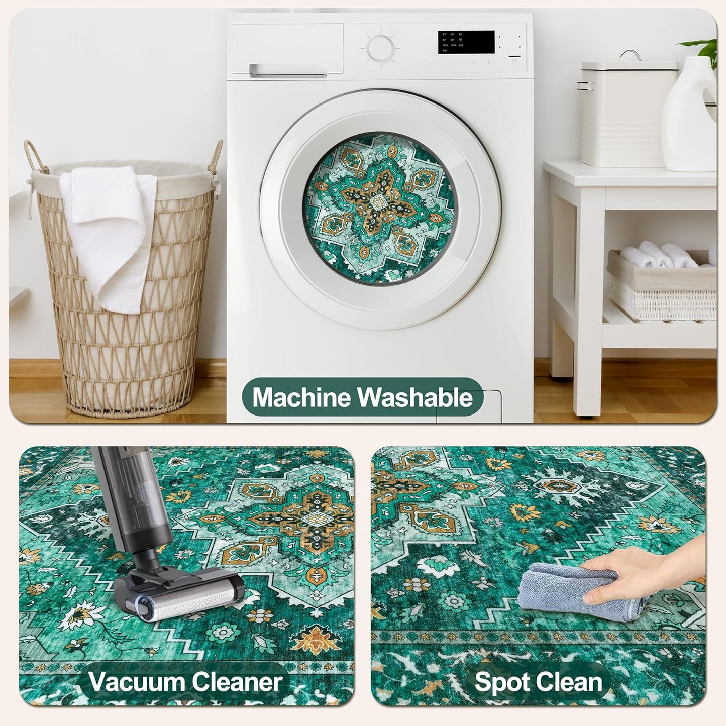 Tangsoo 5x7 Area Rug Washable Rugs for Living Room, Vintage Indoor Non Slip Large Area Rugs, Print Distressed Emerald Carpet, Soft Low Pile Foldable Floor for Bedroom Dining Room Dorm