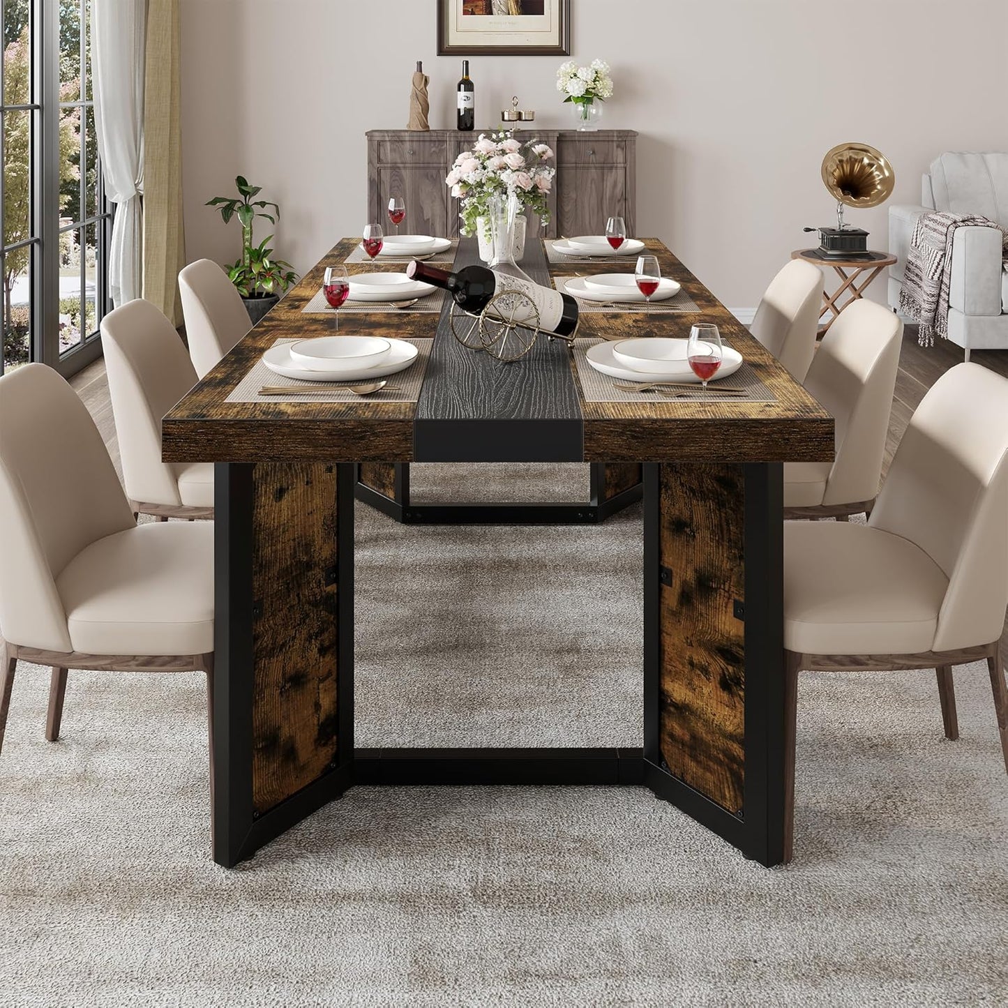 Industrial Dining Table for 6-8 People, 71" Large Long Wooden Kitchen Table with Sturdy Metal Frame & Brown Finish, Rustic Style Rectangular Dinner Table for Dining Room, Kitchen (Vintage Brown)