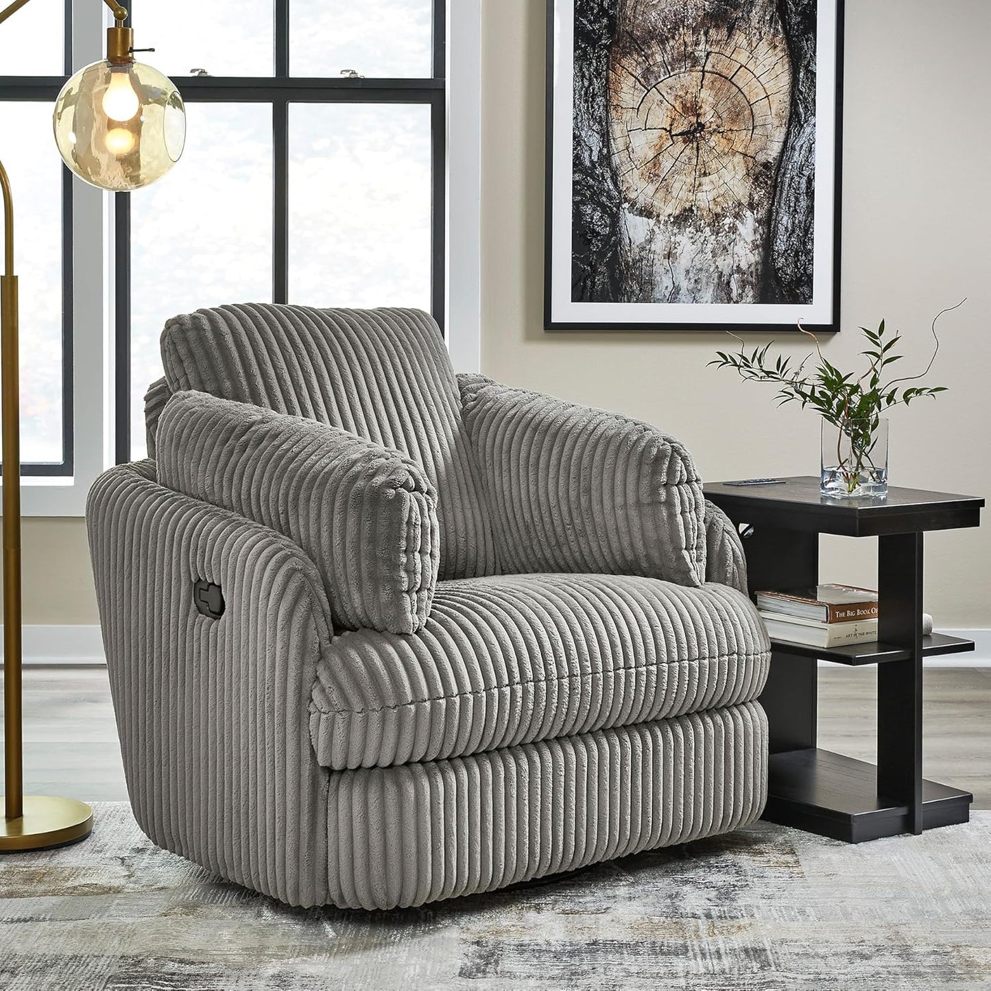 Signature Design by Ashley Tie-Breaker Casual Manual Press-Back Swivel Glider Rocker Recliner with 2 Bolster Pillows and Hidden Storage, Light Gray