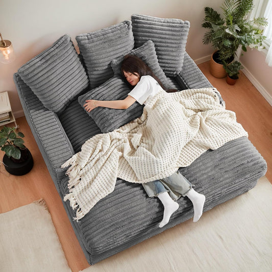 64" Oversized Chaise Daybed Lounge Sleeper Sofa Extra Wide Cloud Sofa&Couch, Luxury Plush Corduroy Upholstered Loveseat Couch Deep Seat Living Room Queen Size Sofabed W/5 Pillows for Home/Apartment
