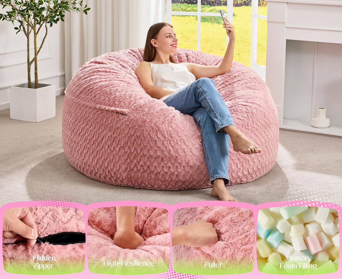 Hobestluk Bean Bag Chair Convertible Beanbag Chairs for Adults, 3 in 1 Bean Bags with Plush Chevron Cover, Adult Bean Bag Chair for Living Room, Bedroom (Pink, Queen)