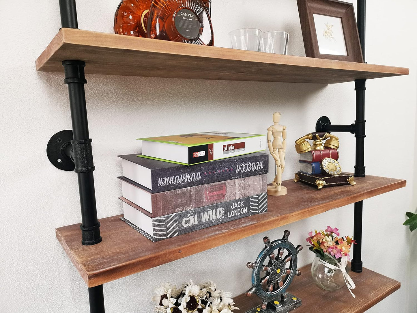 7 Tier Industrial Wall Mounted Ladder Shelf Bookcase, Rustic Wood Metal Pipe Industrial Shelves for Living Room Decor and Storage (Weathered Brown, 7 Tier - 10" D x 36" W x 95.5" H)